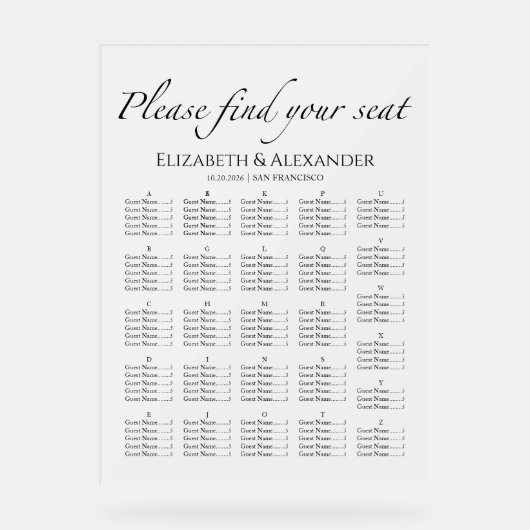 Mariage alphabétique Acrylique Tableau de sièges (Recto)