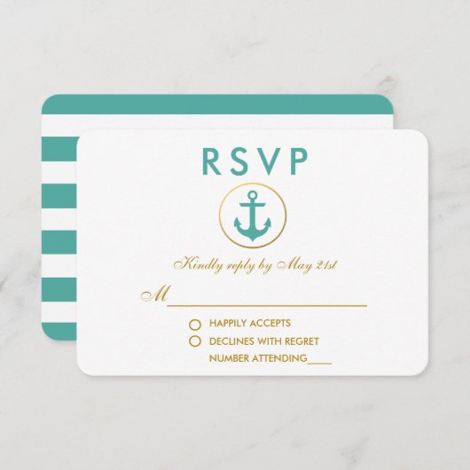 Mariage Ancre nautique Turquoise or RSVP (Devant / Derrière)