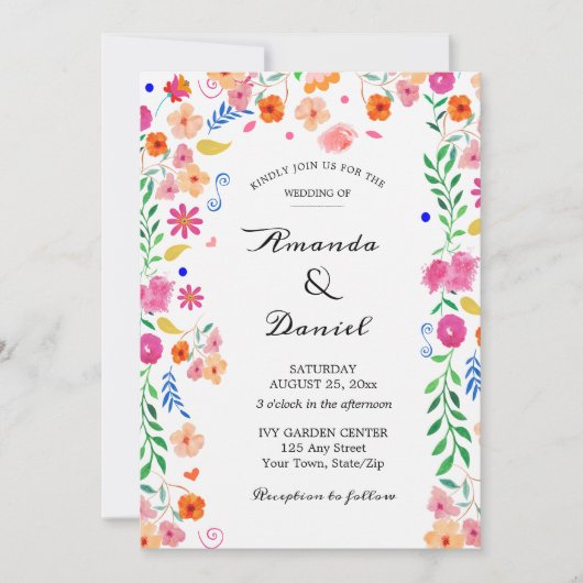 Mariage Aquarelle Folk Floral Garden Invitation (Devant)