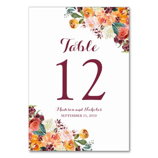 Mariage Automne Fleur Numéro de tableau Cartes Ora (Dos)