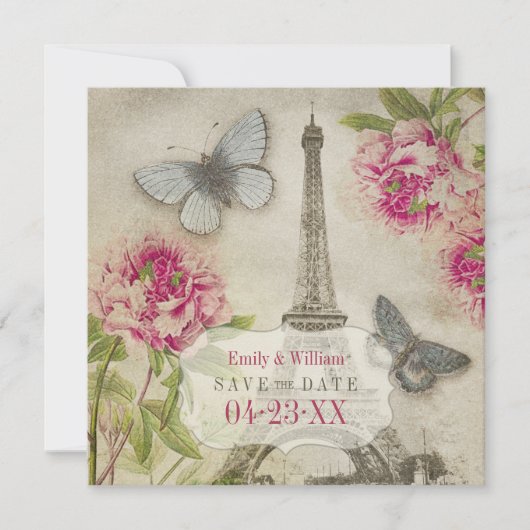 Mariage aux pivoines vintage Paris Save the Date (Devant)