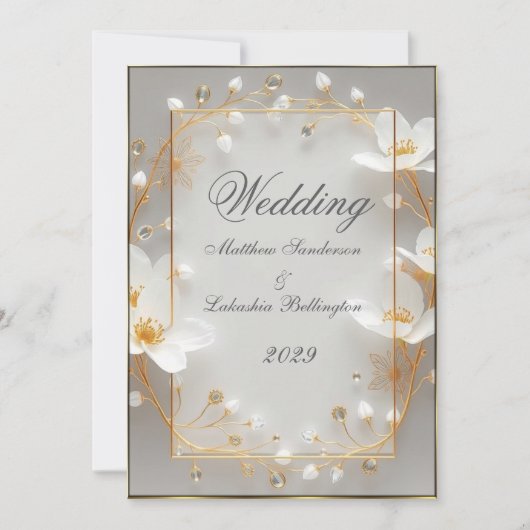 Mariage Belle fleurs blanches or Invitation (Devant)