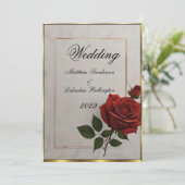 Mariage Belle Rose rouge fleur or Invitation (Debout devant)