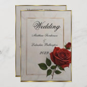 Mariage Belle Rose rouge fleur or Invitation (Devant / Derrière)