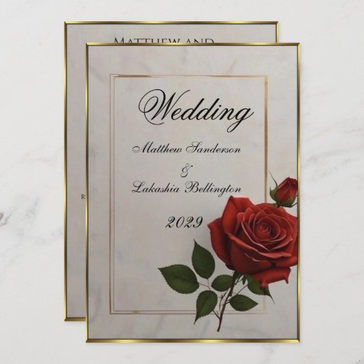 Mariage Belle Rose rouge fleur or Invitation (Devant / Derrière)