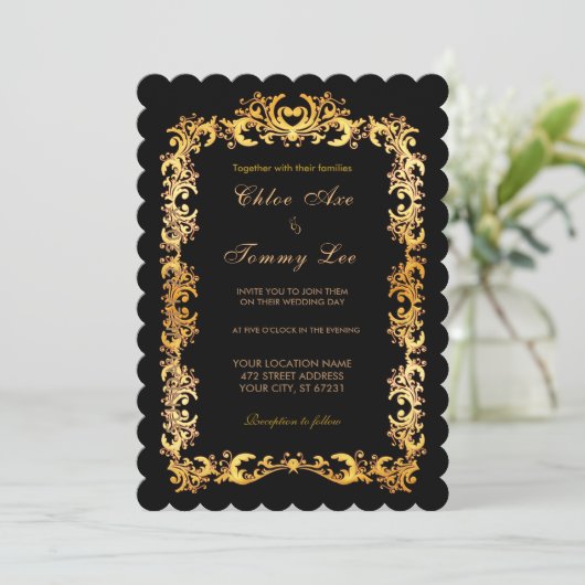 Mariage Black Gold bordure Invitation (Debout devant)