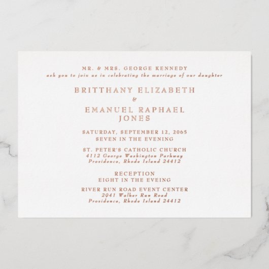 Mariage blanc 2 Lieux Rose Gold Foil Invitation (Recto)