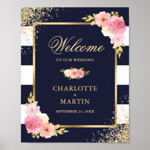 Mariage blanc or rose marine Affiche de bienvenue