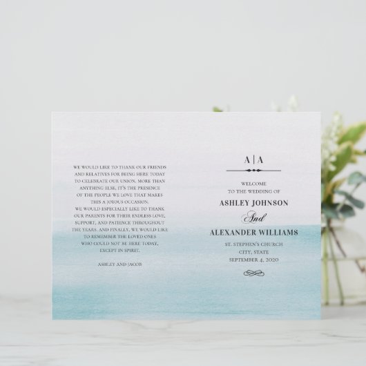 Mariage bleu aquarelle. Élégant programme plié (Debout devant)