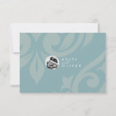 Mariage bleu blanc en damas classique RSVP (Dos)