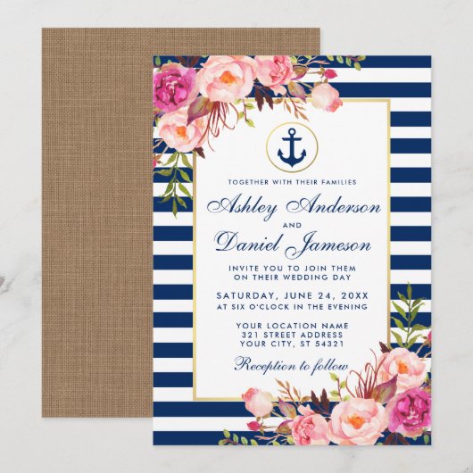 Mariage Bleu Bleu Bleu Bleu Bleu Invitation Floral (Devant / Derrière)