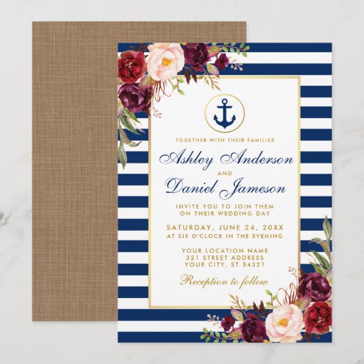 Mariage Bleu Bleu Bleu Burgundy Invitation B (Devant / Derrière)