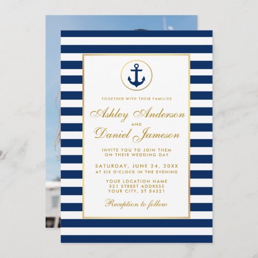 Mariage Bleu Bleu Bleu Grilles Invitation G Photo  (Devant / Derrière)