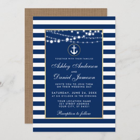 Mariage Bleu Bleu Bleu Rayures Invitation B (Devant / Derrière)
