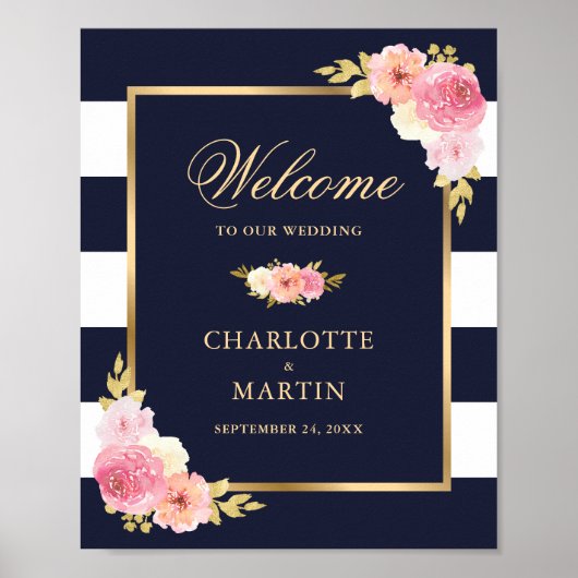 Mariage bleu bleu marine rose or Affiche de bienve (Devant)