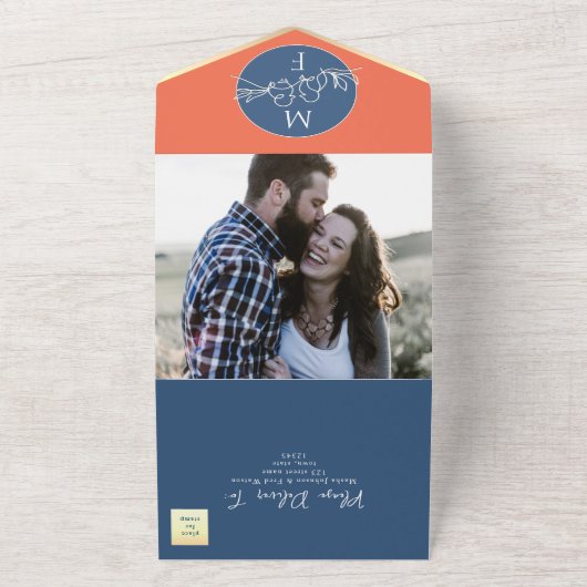 Mariage bleu corail tout en une invitation (Dehors)