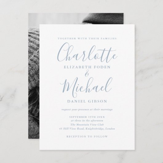 Mariage bleu foncé Signature Script Invitation (Devant / Derrière)