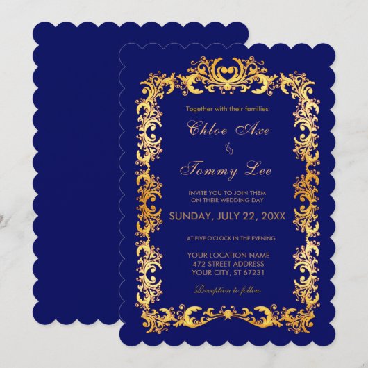 Mariage bleu Gold border Invitation (Devant / Derrière)