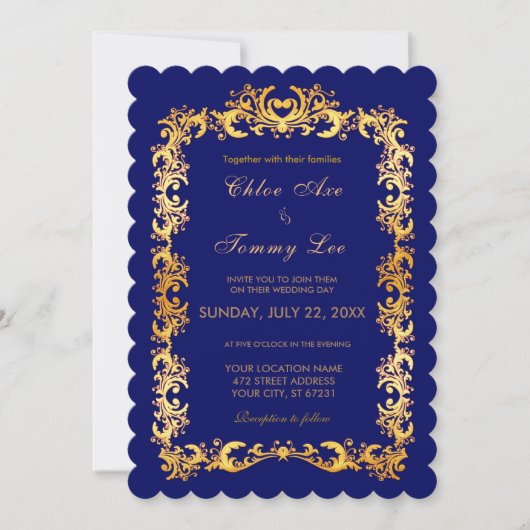 Mariage bleu Gold border Invitation (Devant)