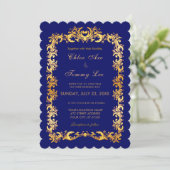 Mariage bleu Gold border Invitation (Debout devant)