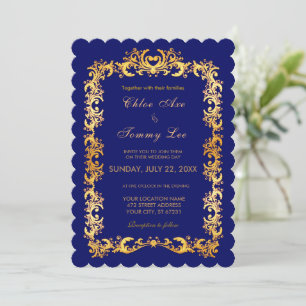 Mariage bleu Gold border Invitation