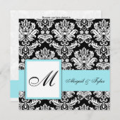 Mariage bleu Monogramme Damask Invitation (Devant / Derrière)