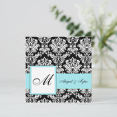 Mariage bleu Monogramme Damask Invitation (Debout devant)