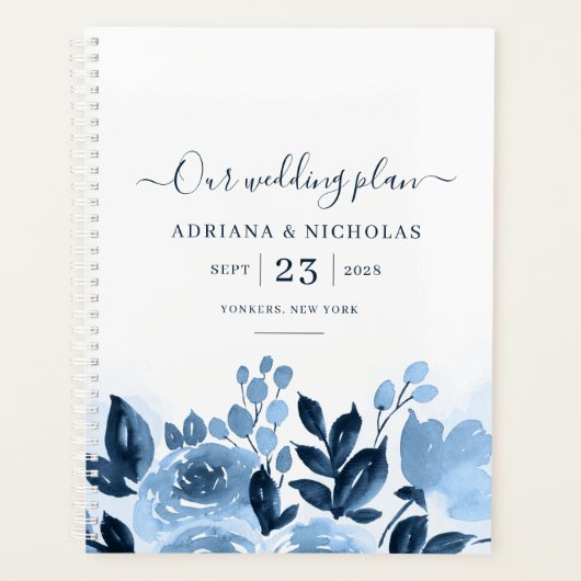Mariage Bleu Nuit à l'Aquarelle Florale Script (Devant)
