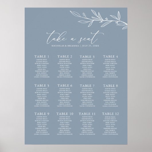 Mariage bleu poussiéreux minimal 12 Tableau de siè (Devant)