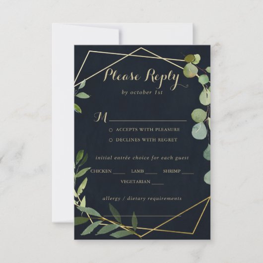 Mariage bleu vert or géométrique Menu Choix RSVP (Devant)