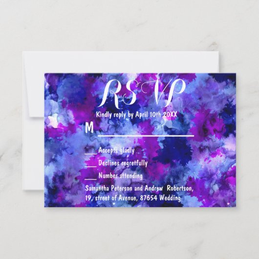 Mariage bleu violet d'aquarelle moderne RSVP (Devant)