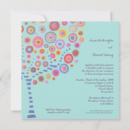 Mariage Blue Aqua Cercle Tree Invitation rétro (Dos)