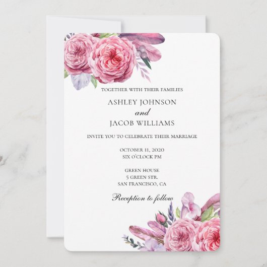 Mariage Boho. Invitation florale rose. Plumes (Devant)