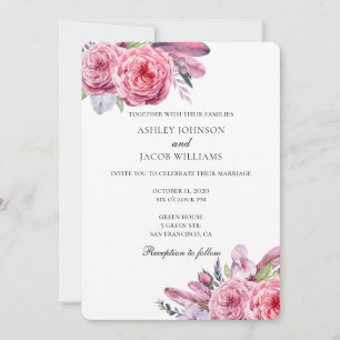 Mariage Boho. Invitation florale rose. Plumes