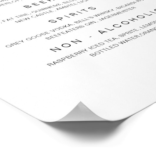 Mariage Boire Menu Bar Signer Poster de réception (Coin)