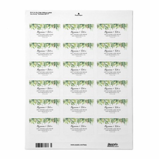 Mariage botanique vert Étiquette de adresse RSVP (Feuille entière)