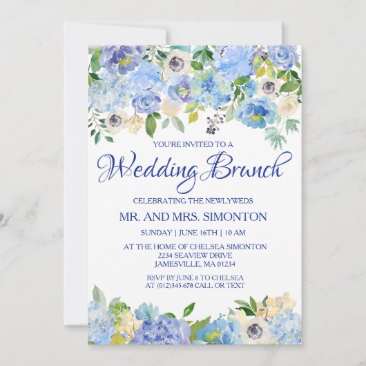 Mariage Brunch Invitations Floral bleu (Devant)