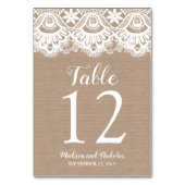 Mariage Burlap et dentelle Cartes Numéro de table, (Dos)