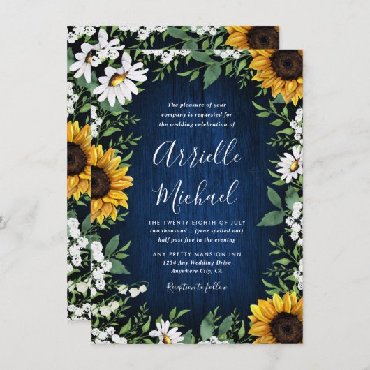 Mariage campagnard Royal Blue Sunflower Invitation (Devant / Derrière)