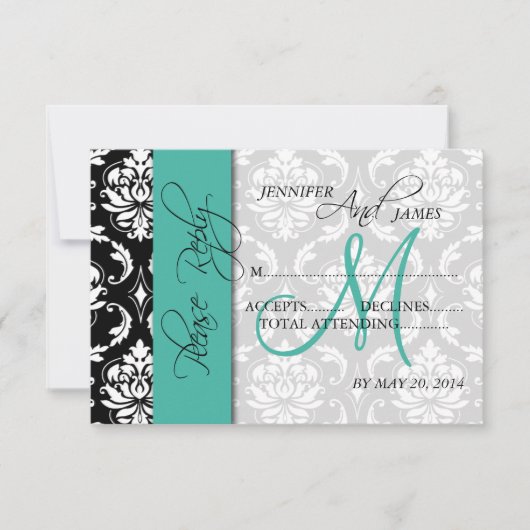 Mariage Carte RSVP Damask Turquoise Noms initiaux (Devant)
