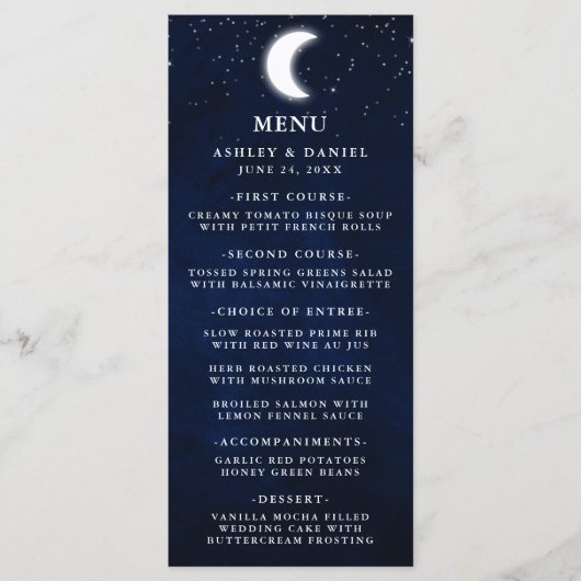 Mariage céleste Aquarelle Moon Stars Menu (Devant)