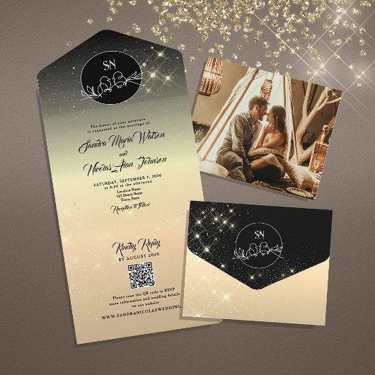 Mariage céleste d'or noir tout en une invitation