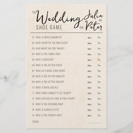 Mariage Chaussure Jeu Questions Papier Rustique (Devant)