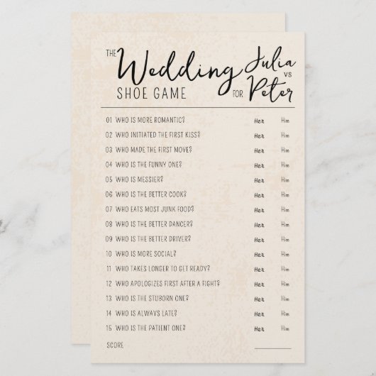 Mariage Chaussure Jeu Questions Papier Rustique (Devant / Derrière)