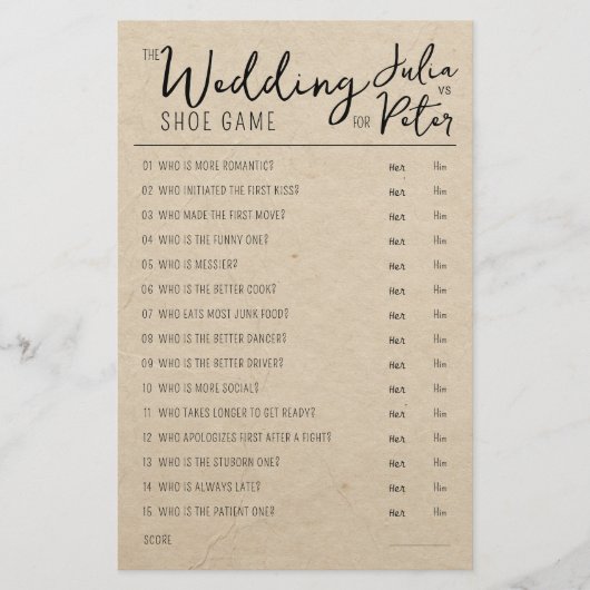 Mariage Chaussure Jeu Questions Papier Rustique (Devant)