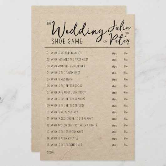 Mariage Chaussure Jeu Questions Papier Rustique (Devant / Derrière)