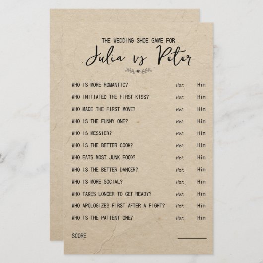 Mariage Chaussure Jeu Questions Papier Rustique (Devant / Derrière)