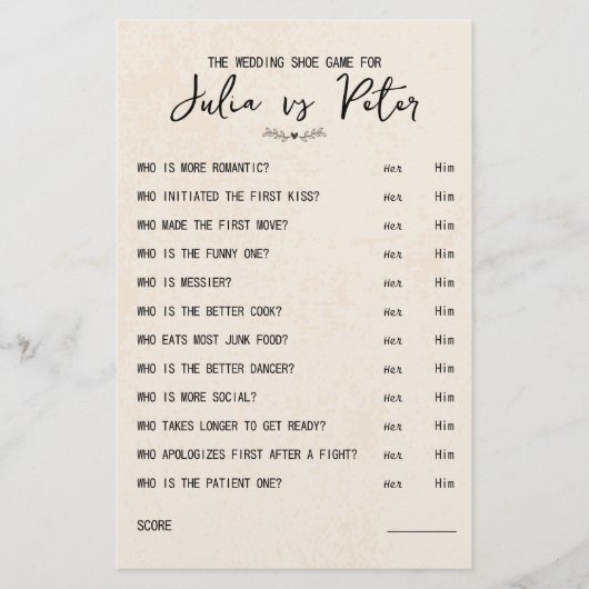 Mariage Chaussure Jeu Questions Papier Rustique (Devant)