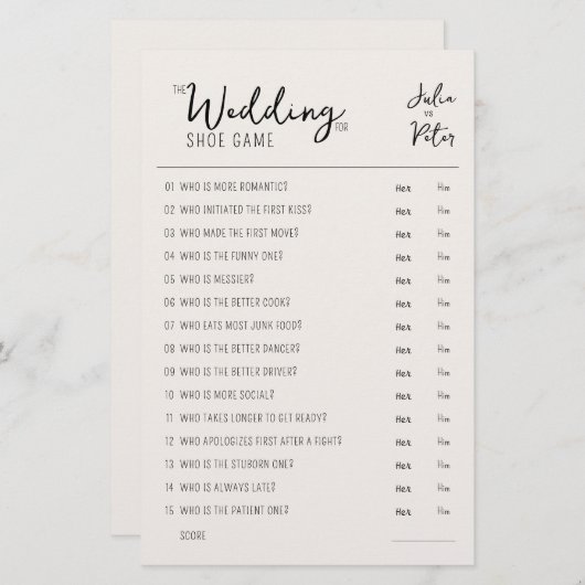 Mariage Chaussure Jeu Questions Papier Rustique (Devant / Derrière)