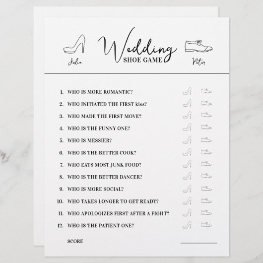 Mariage Chaussure Questions Jeu papier noir et bla (Devant / Derrière)